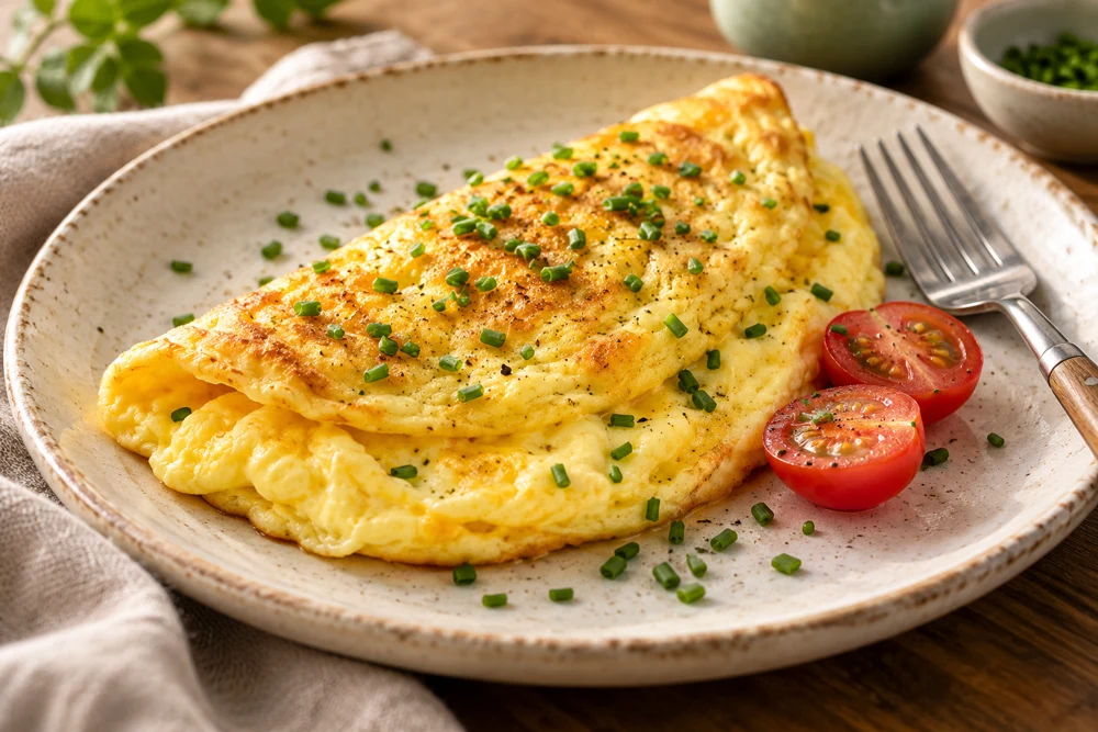 Omelete com ervas em um prato artesanal